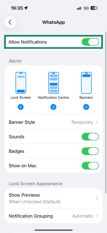 The WhatsApp notifications settings on iPhone, showing the option to disable all notifications.
