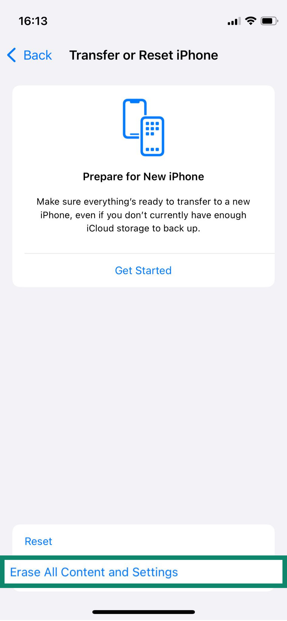 iPhone Transfer or Reset iPhone screen with the Erase All Content and Settings option highlighted.