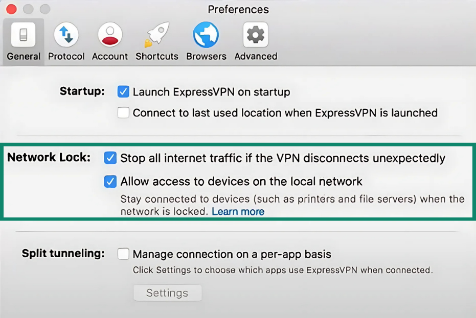 ExpressVPN Preferences on macOS, showing the checkbox for ‘Block internet traffic when VPN disconnects’ ticked, enabling the network lock feature.