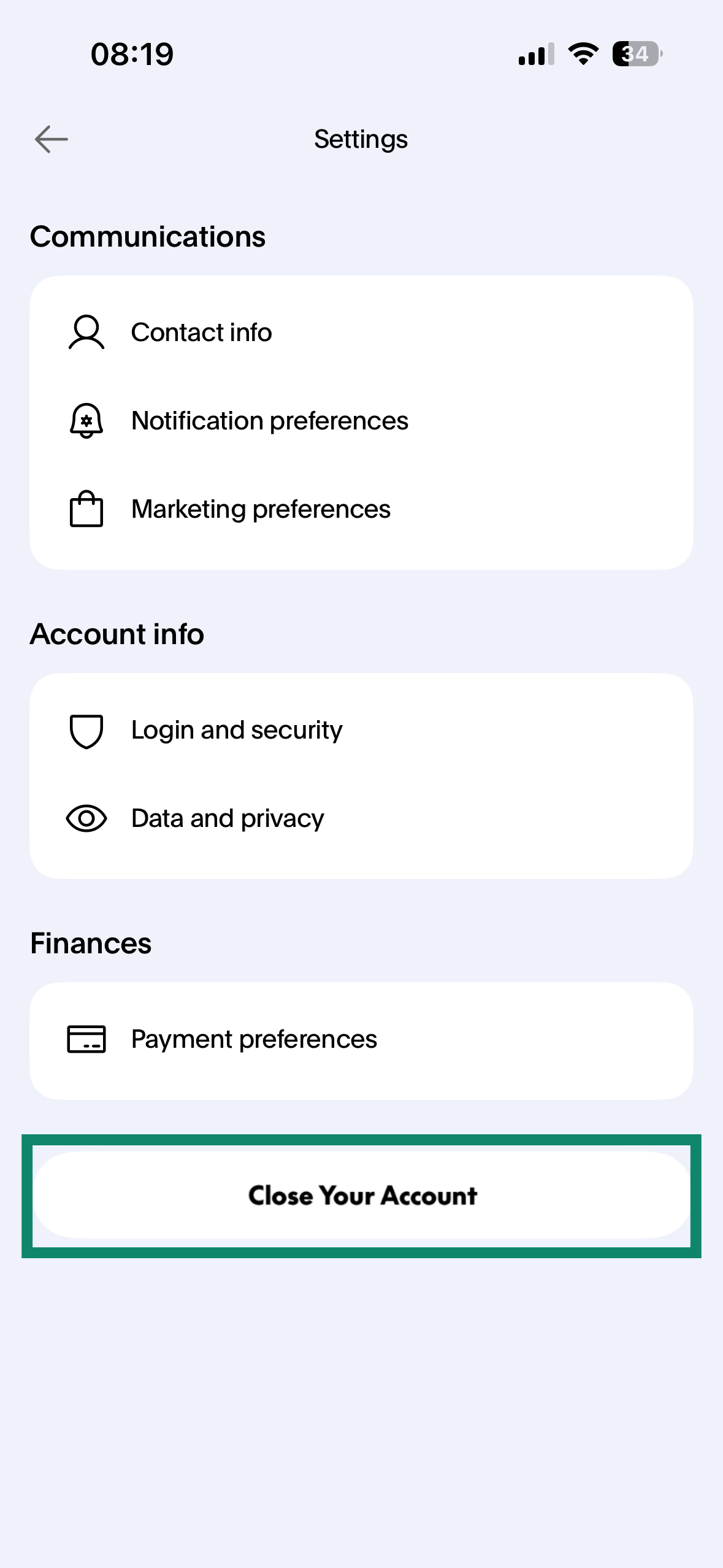 The Settings menu, with the "Close Your Account" button highlighted at the bottom.