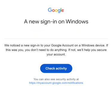 A Google security alert for a new sign-in on a Windows device.