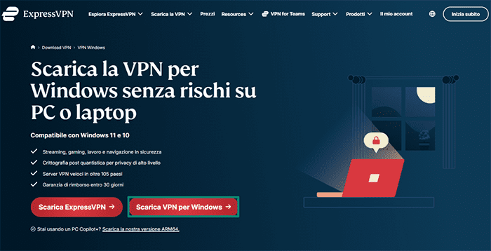ExpressVPN's download page for the Windows app. 