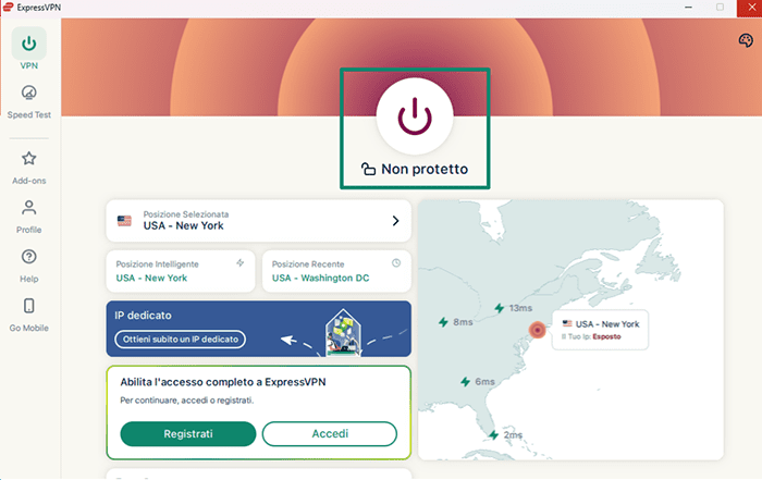 ExpressVPN's app on Windows, with a highlighted power button.