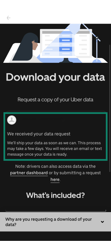 Uber mobile data request confirmation page with next steps highlighted.