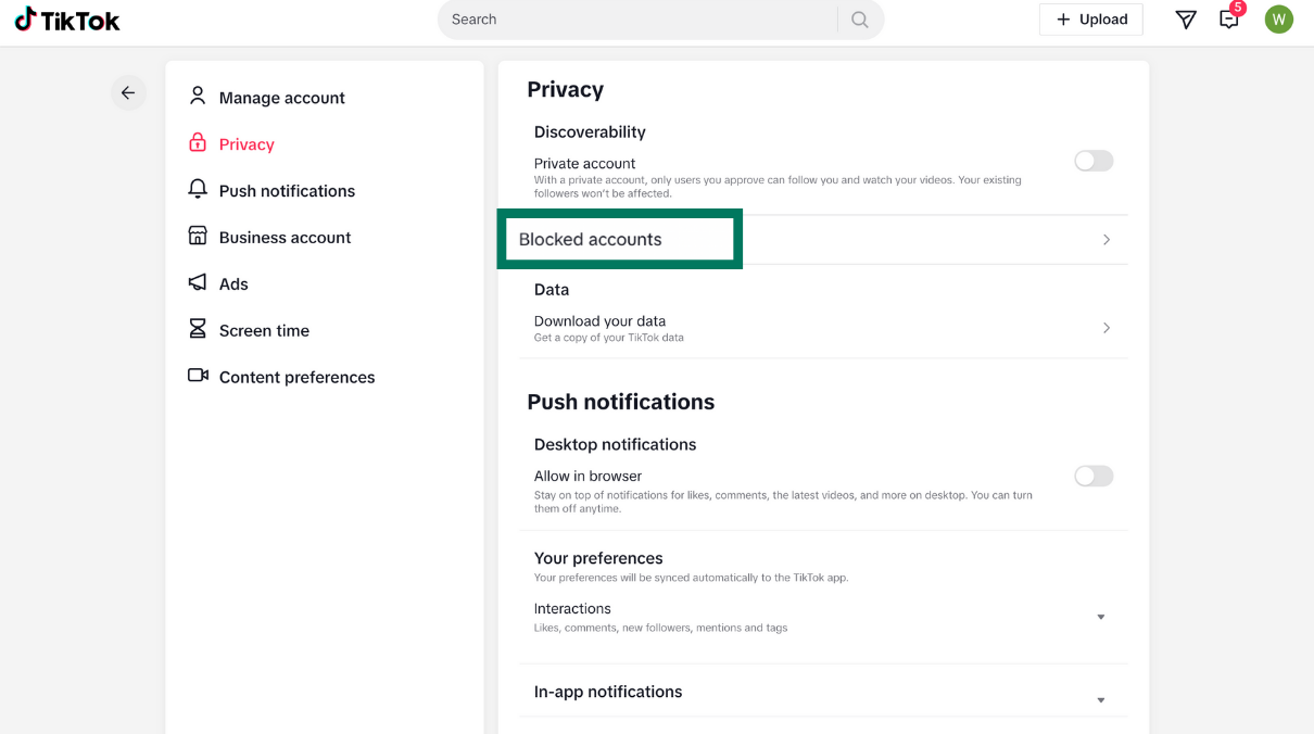 TikTok desktop Privacy settings screen with Blocked accounts option highlighted in the list.