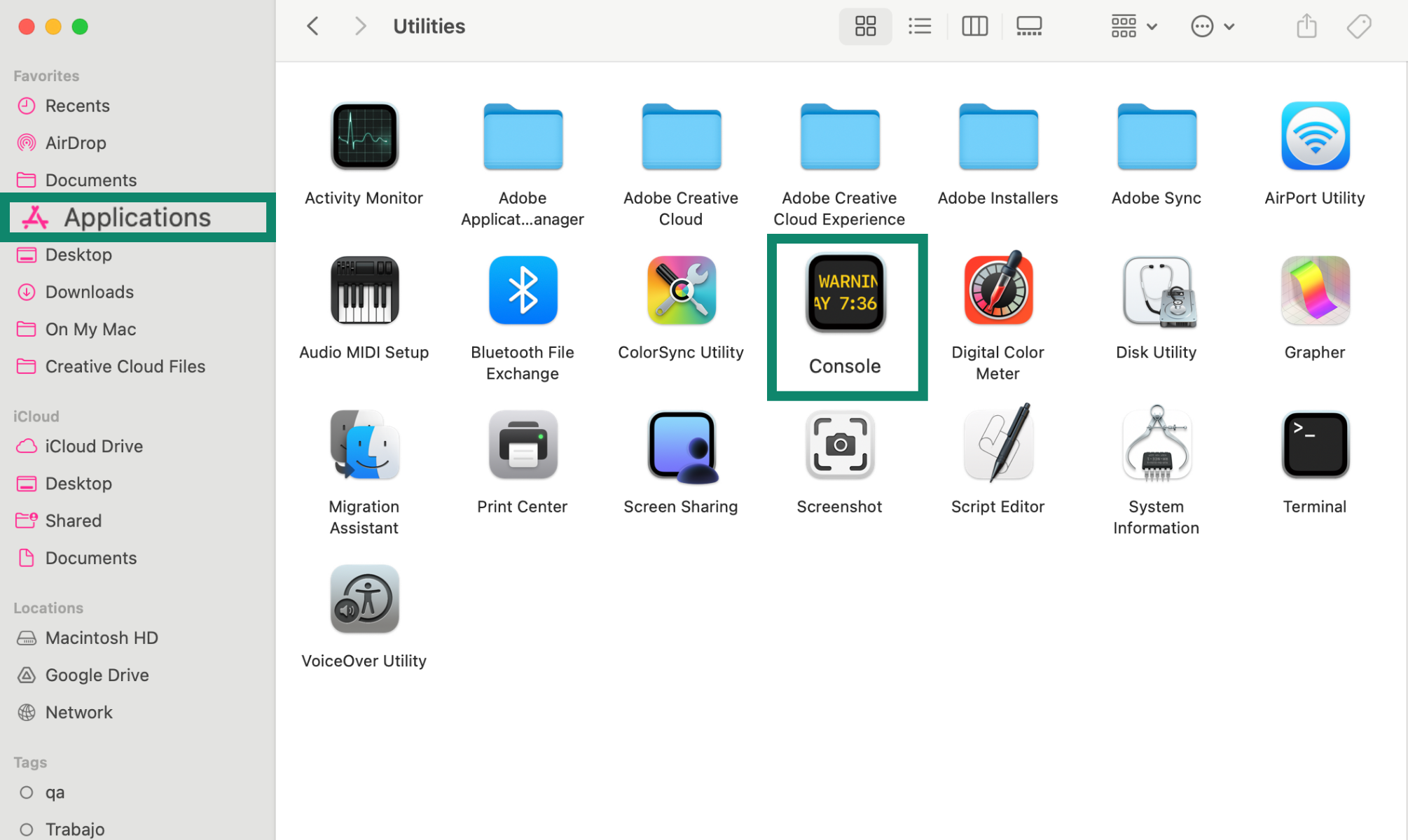 Mac Applications folder showing Console in Utilities.
