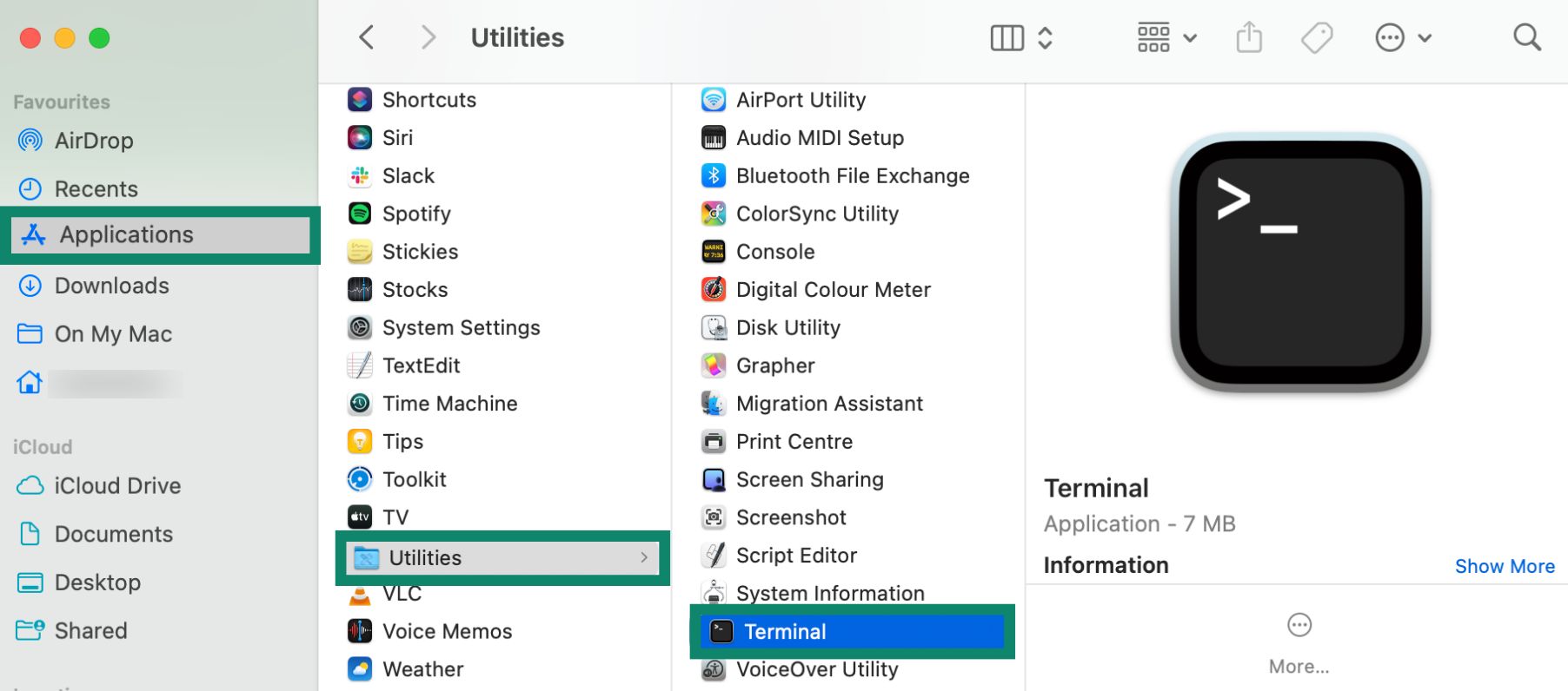 Finder window on a Mac, showing how to find the Terminal app.