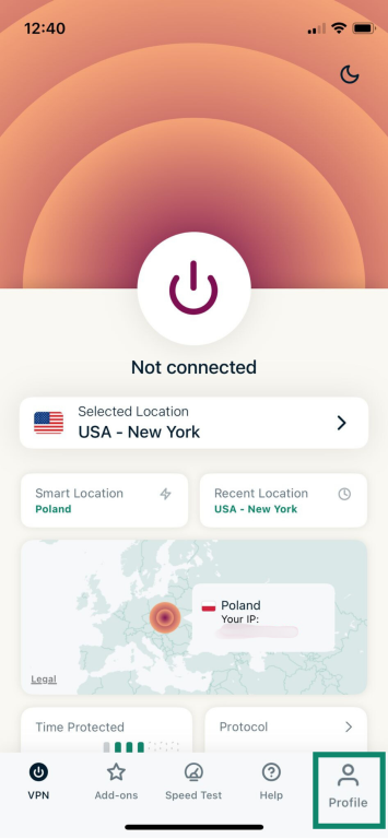 ExpressVPN mobile homepage screen with the Profile icon highlighted.