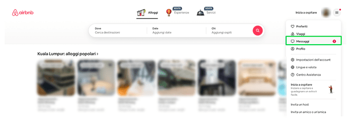 Airbnb home screen showing Messages button.