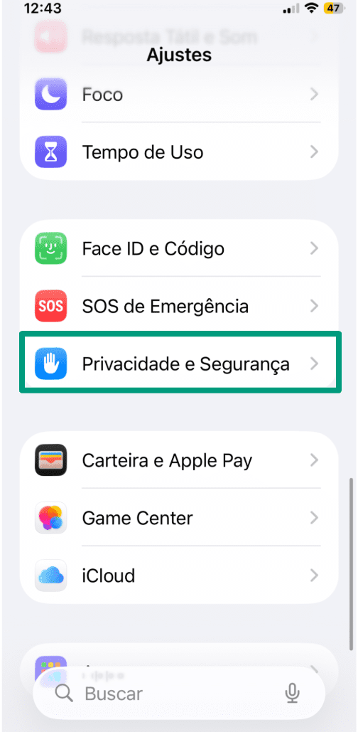 Screenshot of an iPhone Settings menu with the “Privacy & Security” option highlighted.