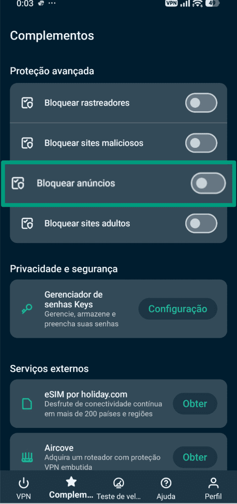 A screenshot of the ExpressVPN Android app, showing the toggle switch for the Block ads feature.