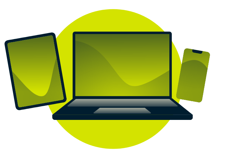 Ein Laptop, ein Tablet und ein Smartphone mit einem Weinglas und einer Rose.