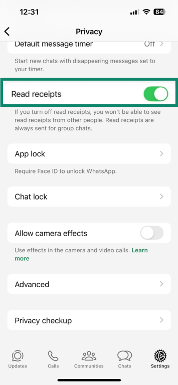 Image showing the toggle to turn off read reciepts