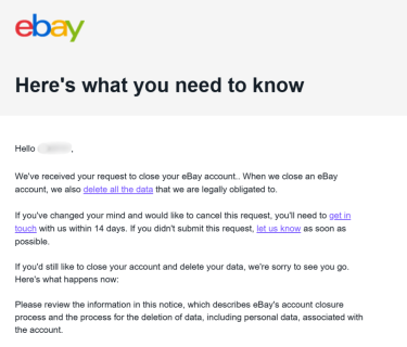 Account closure confirmation email sent by eBay.