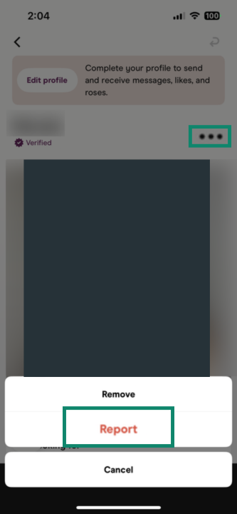 Image showing the Report button on Hinge
