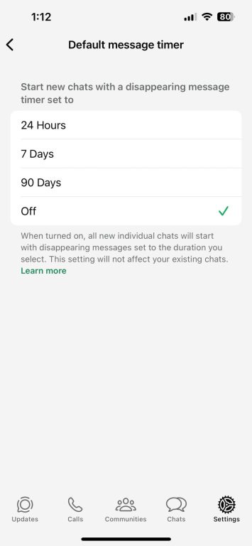 Screenshot showing the default message time on WhatsApp