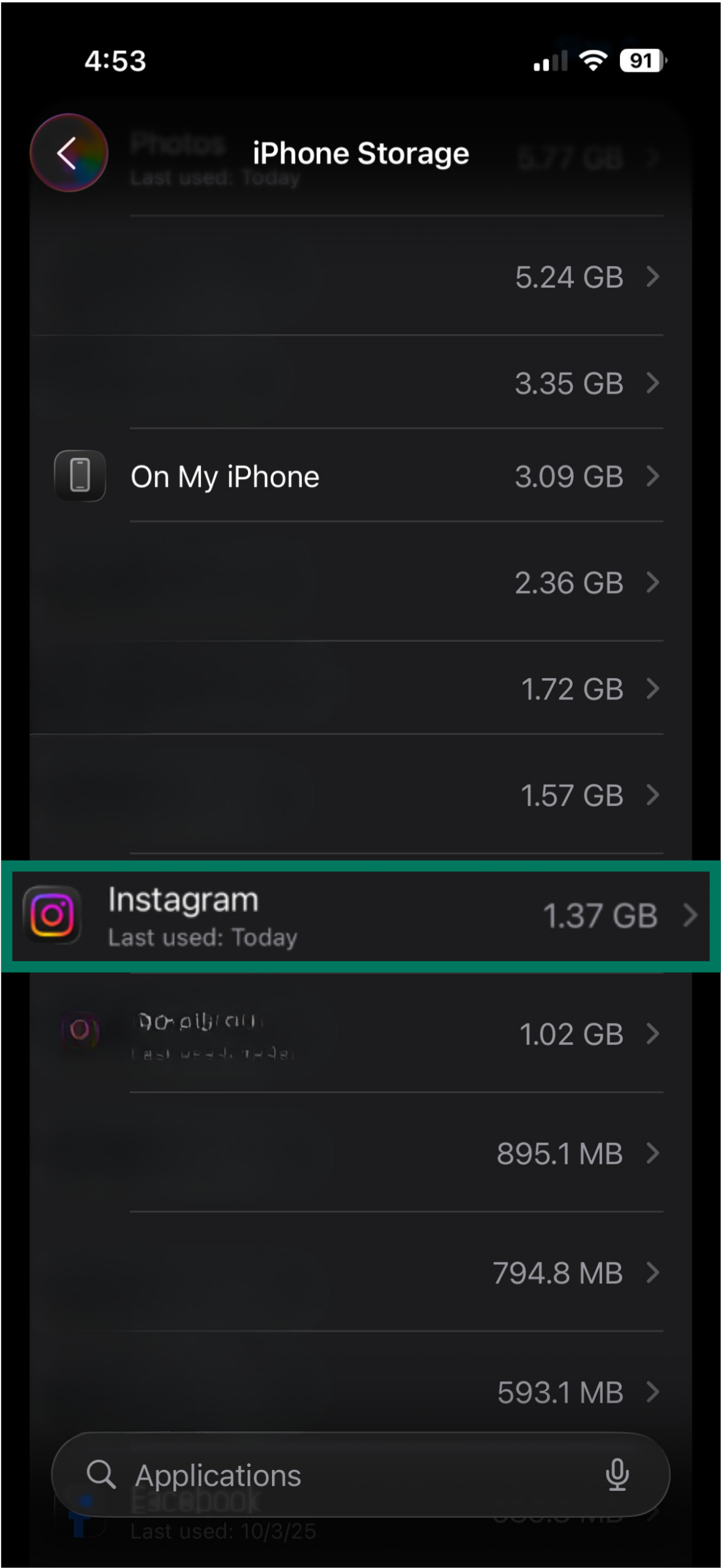 iPhone Storage screen showing Instagram app highlighted with storage size.
