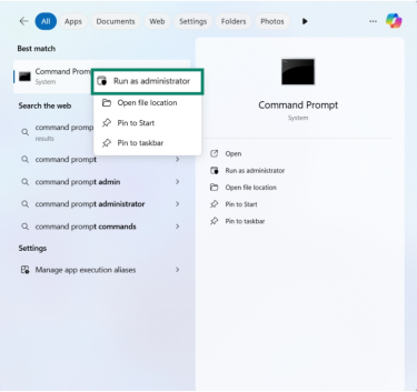 Command Prompt administrator option in Windows search.