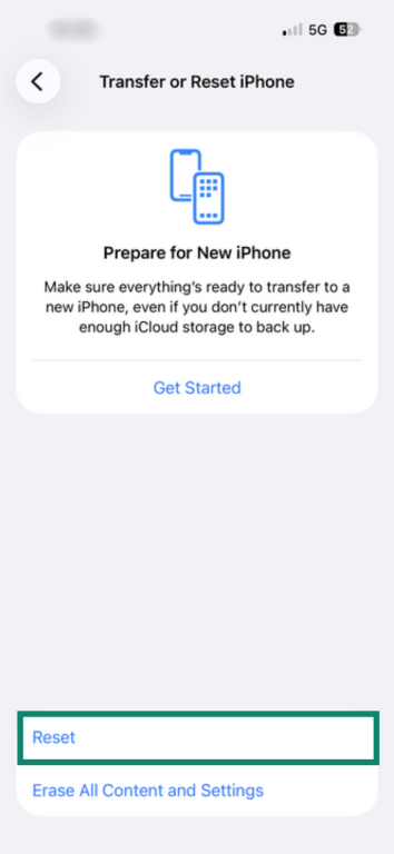 The "Transfer of Reset iPhone" page on an iPhone. The "Reset" button is enlarged and highlighted.