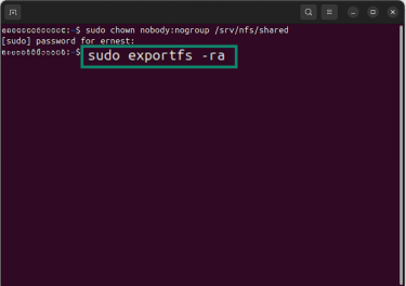 Ubuntu terminal window showing the "sudo exportfs -ra" command.