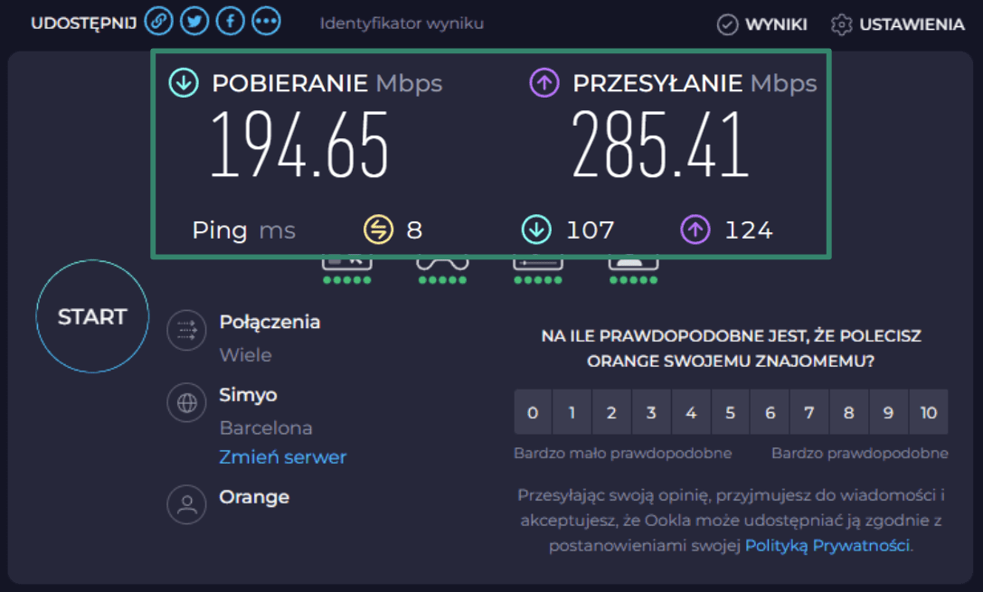 Speedtest.net internet speed results page.