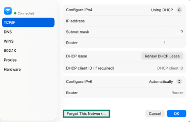 The "Forget This Network" button highlighted at the bottom of the Network details page.