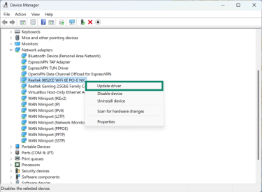 The Update driver option highlighted for the selected driver.