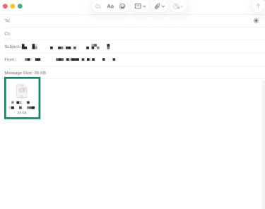 Apple Mail compose window showing forwarded email as an attached EML file.