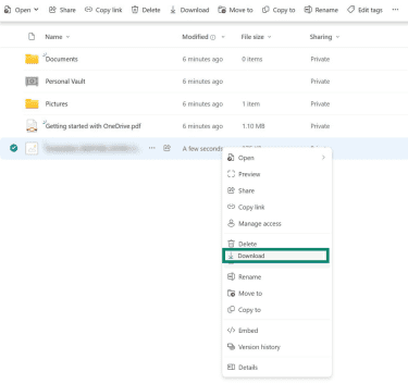 The main OneDrive screen on a browser. A file is selected and the "Download" option is highlighted.