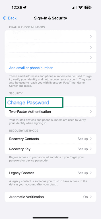 Tap Change Password on iPhone.