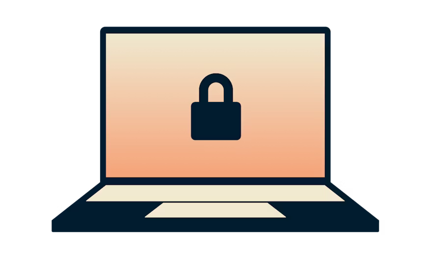 Turuncu bir arka plan üzerinde bir asma kilit ile dizüstü bilgisayar.