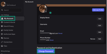 Discord's "Change password" button in the My Account menu.