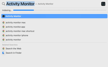 MacOS Spotlight searching for "Activity Monitor."