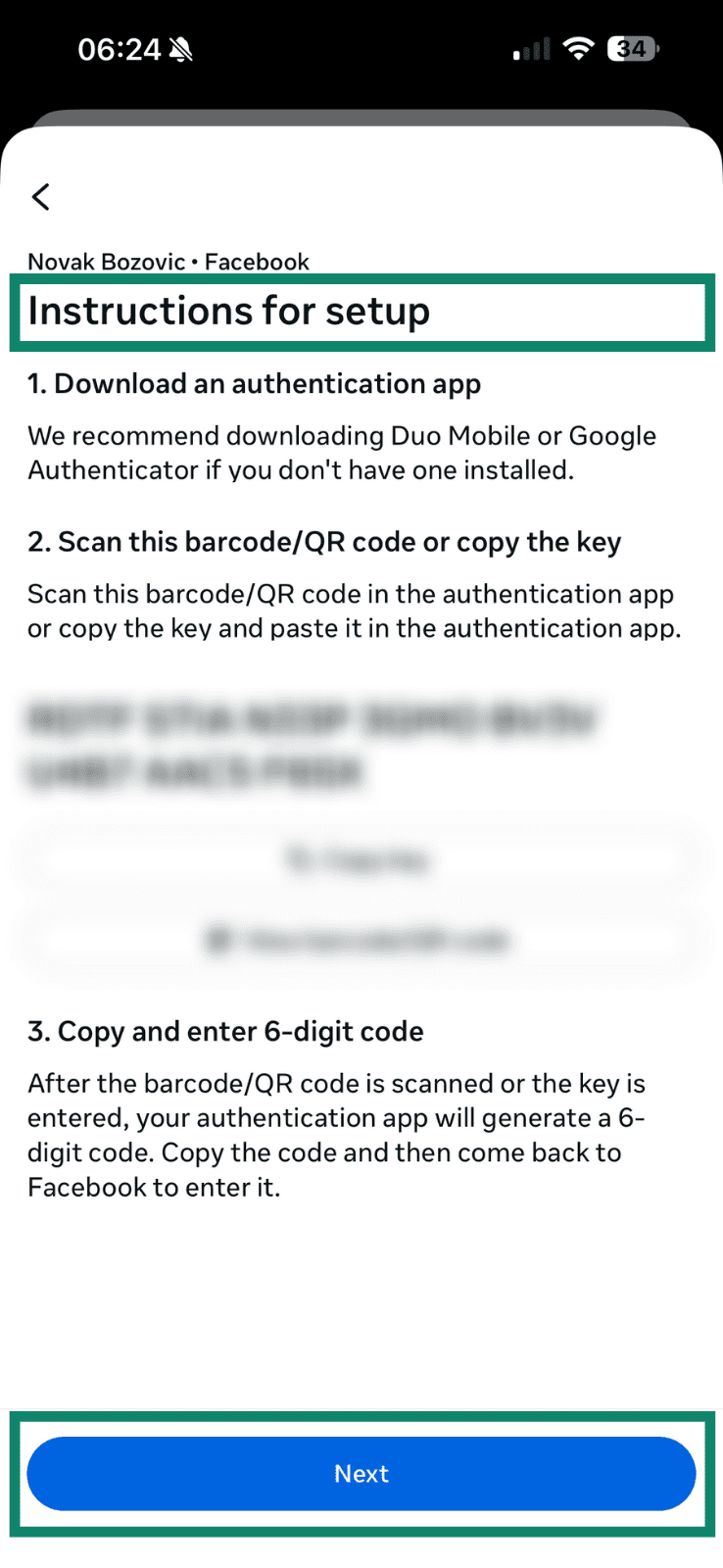 Instructions for adding two-factor authentication on Facebook mobile.