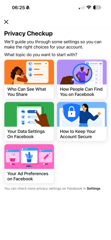 Facebook's Privacy Checkup menu on mobile.