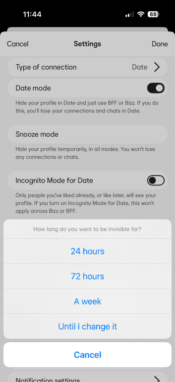 Snooze duration options displayed: 24 hours, 72 hours, a week, and Until I change it, with A week highlighted.