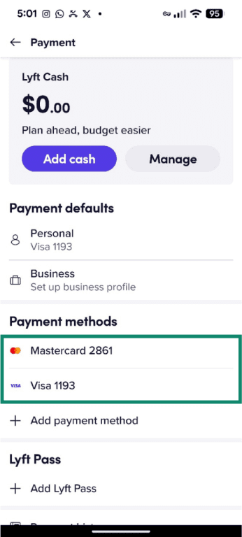 Saved payment methods on the Lyft app.
