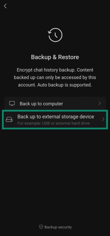 Choosing to backup WeChat chats to external storage device.