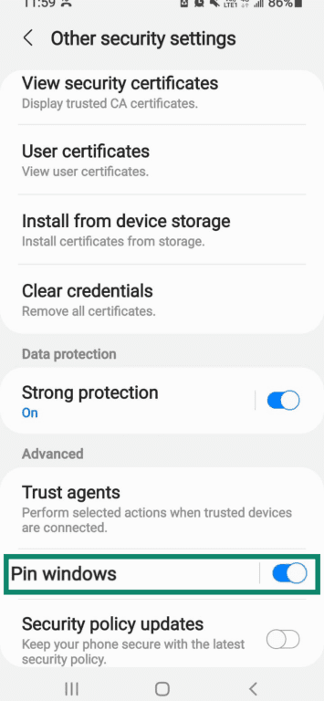 The Other security settings page with the Pin windows toggle highlighted.