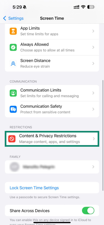 Screen Time menu with Content & Privacy Restrictions highlighted.