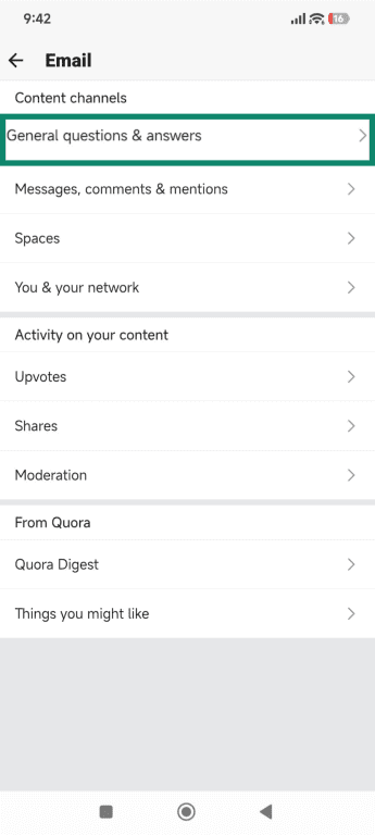 The Quora Android app email notifications scream with General questions & answers highlighted.