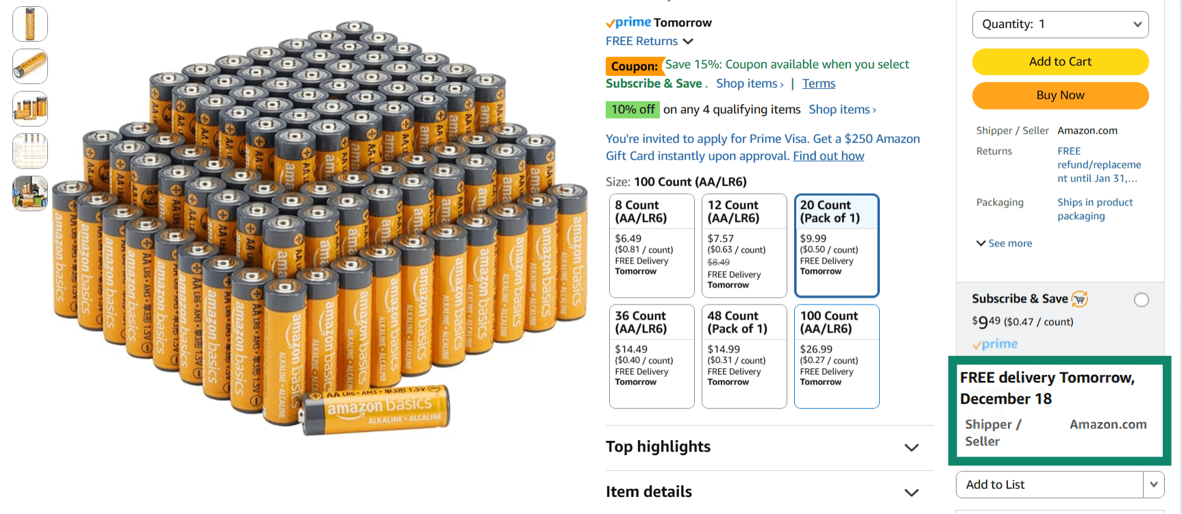 The seller and shipper details on Amazon.