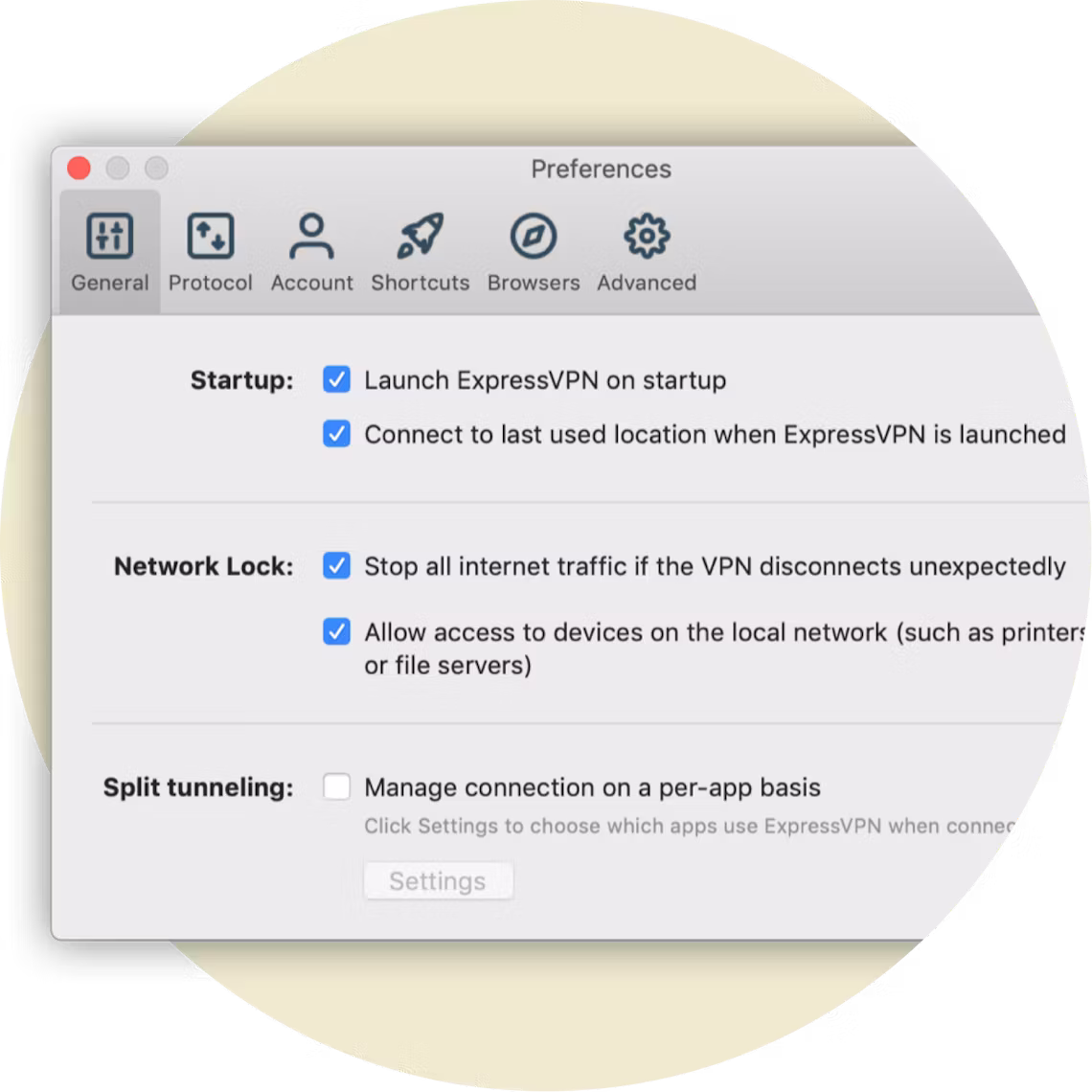 Valgmeny som viser innstillinger for Network Lock for Mac.