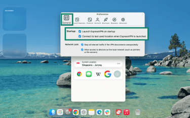 The ExpressVPN macOS app with the box "Launch ExpressVPN on startup" and "Connect to the last used location when ExpressVPN is launched" selected and highlighted.