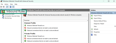 Windows Defender Firewall window with Inbound Rules tab highlighted.