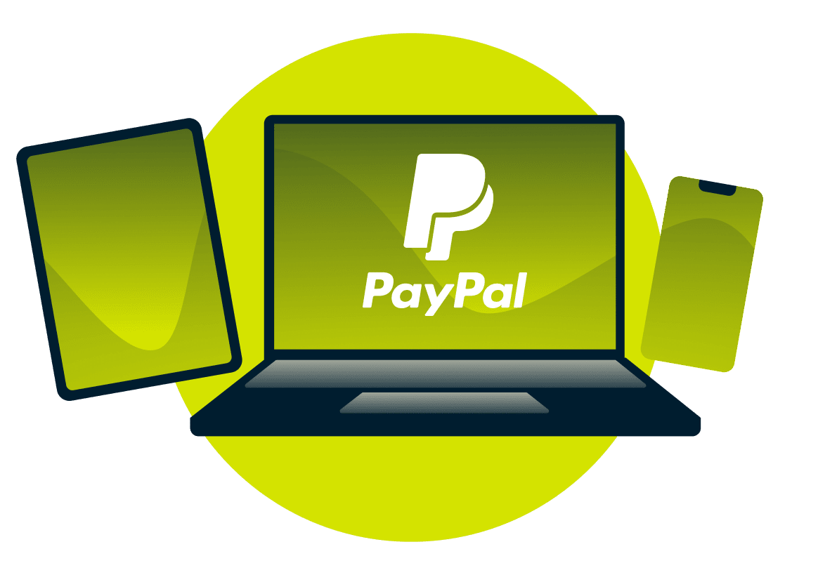 Una laptop, una tablet y un teléfono con el logotipo de PayPal.