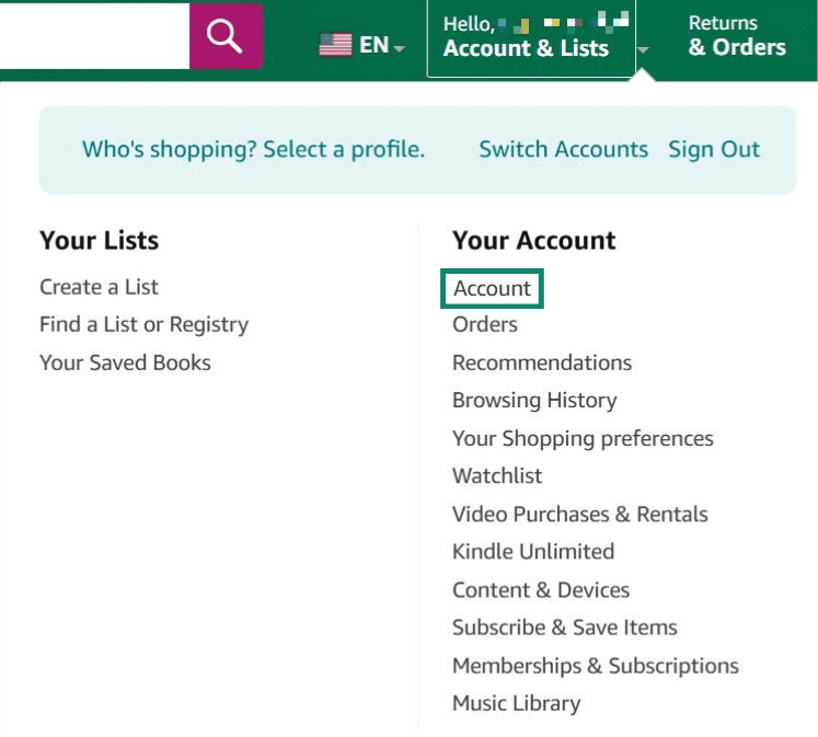 The Amazon profile menu on the platform's website. The "Account" option is highlighted.
