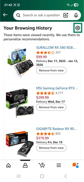The "Your Browsing History" page on the Android Amazon Shopping app, showing three graphics cards.