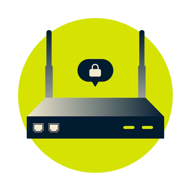 Router med et låsikon i en taleboble på den.