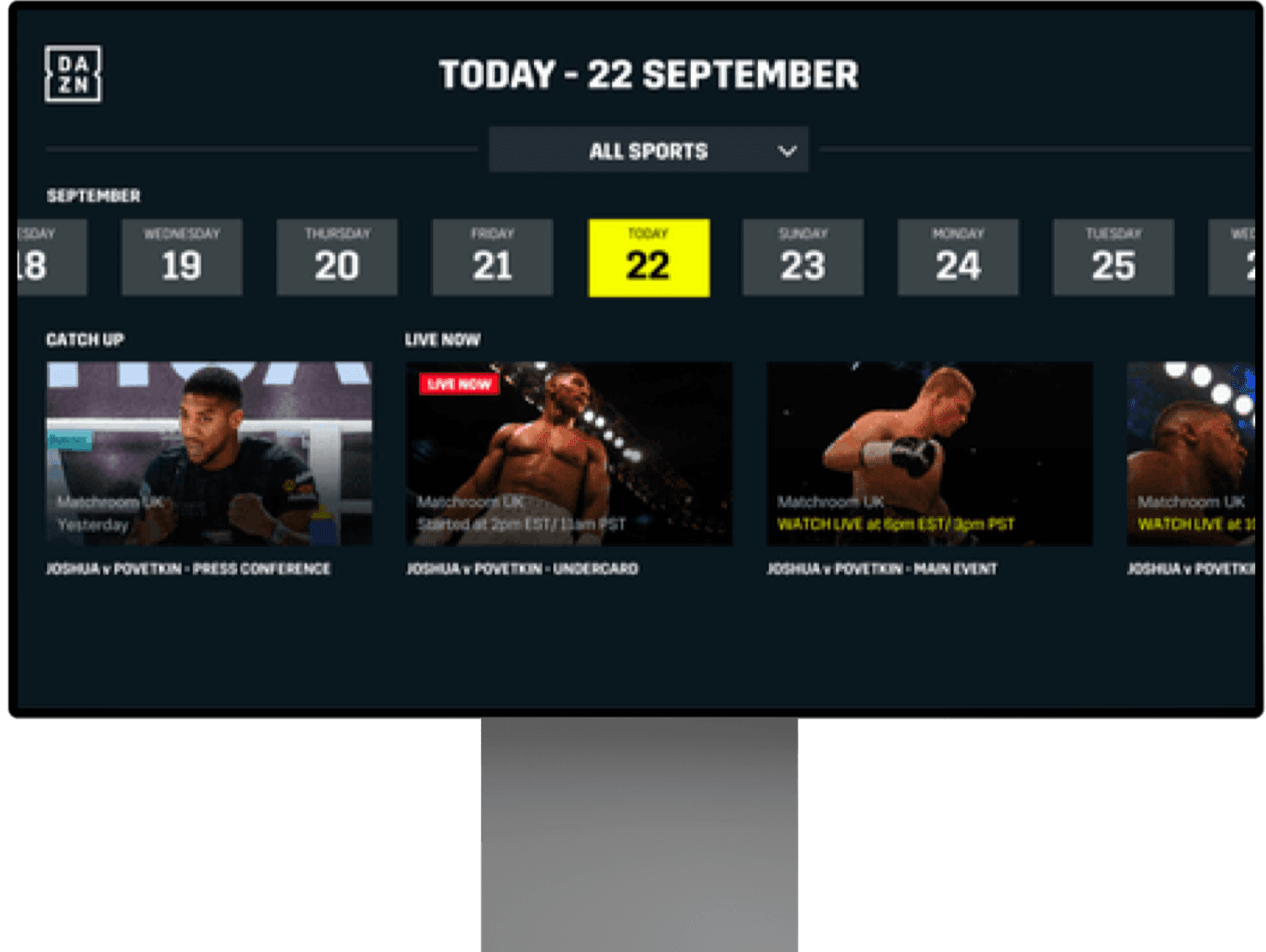 DAZN tietokoneen näytöllä.